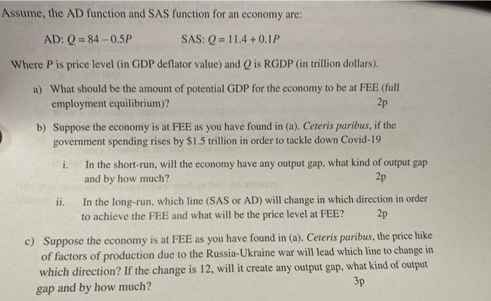 Solved Assume, the AD function and SAS function for an | Chegg.com