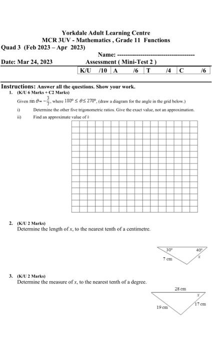 Solved Yorkdale Adult Learning Centre MCR 3UV - Mathematics, | Chegg.com