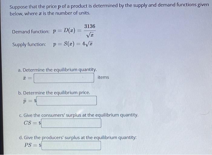 Solved Suppose that the price p of a product is determined | Chegg.com