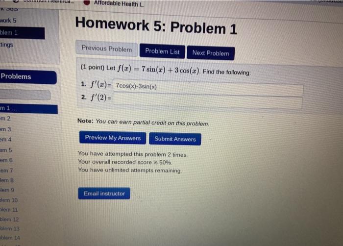 Solved co Affordable Health L KU vork 5 Homework 5: Problem | Chegg.com