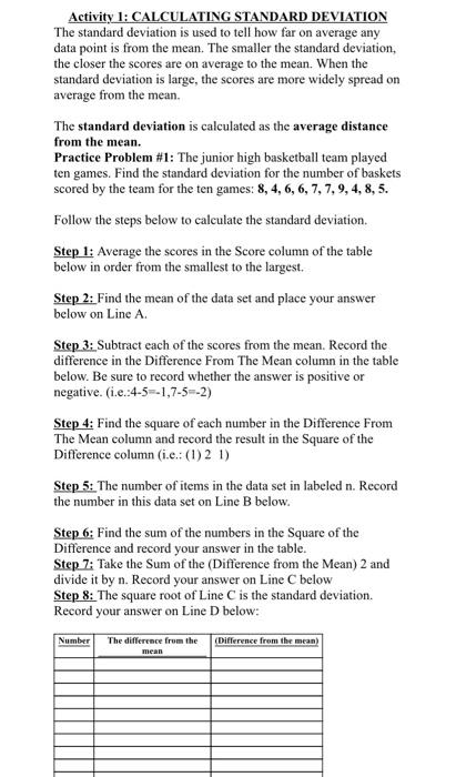 Solved Activity 1 Calculating Standard Deviation The