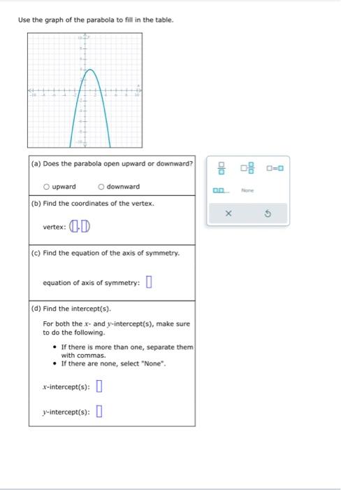 Use the graph of the paraboia to fill in the table. | Chegg.com