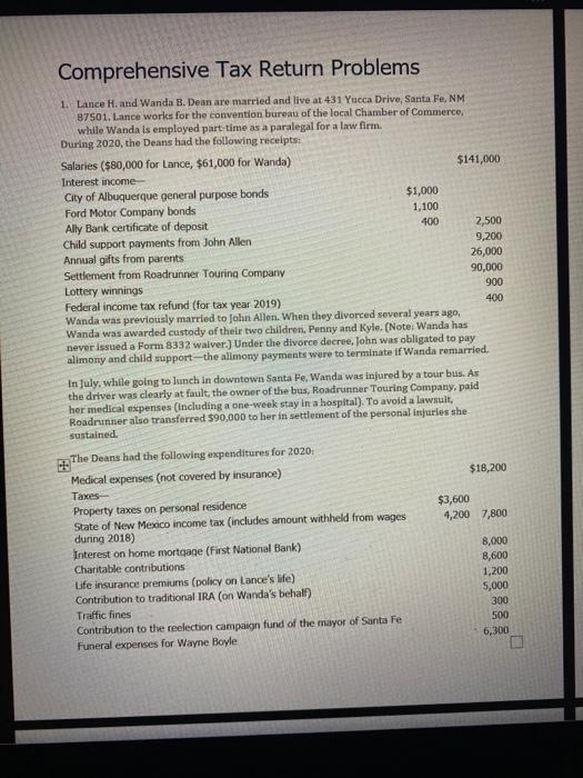 Comprehensive Tax Return Problems 1. Lance H. and | Chegg.com