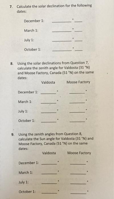 Solved 7. Calculate the solar declination for the following | Chegg.com