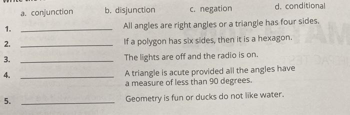 Solved a. conjunction 1. 2. 3. b. disjunction c. negation d. | Chegg.com