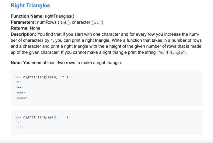 Solved Right Triangles Function Name: rightTriangles() | Chegg.com