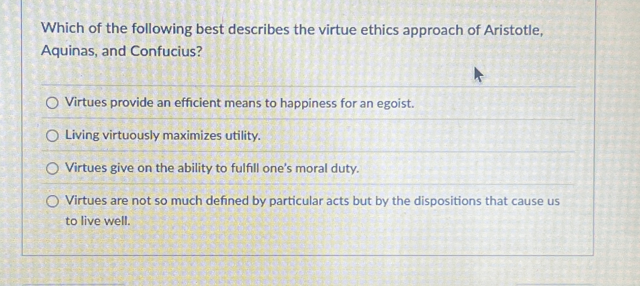 Solved Which of the following best describes the virtue | Chegg.com