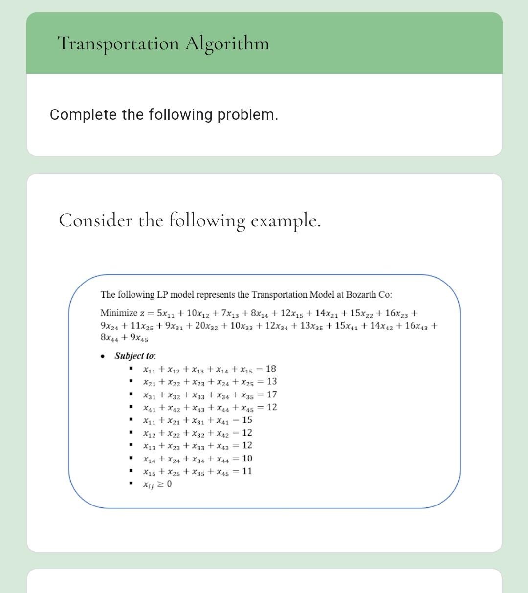 Solved Transportation Algorithm Complete the following | Chegg.com