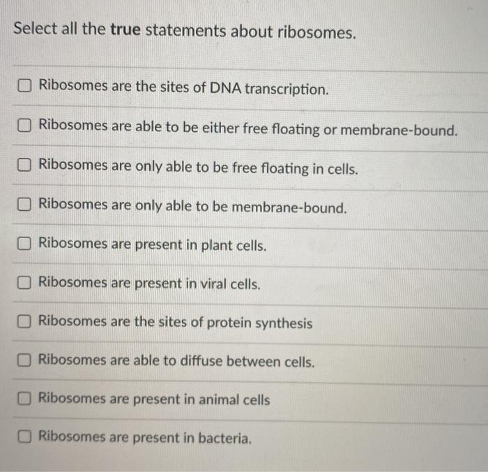 Solved Select all the true statements about ribosomes.