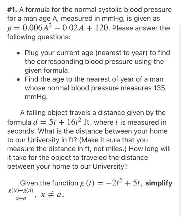 Solved 1. A formula for the normal systolic blood pressure