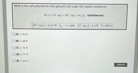 Solved What is the cell potential for this galvanic cell | Chegg.com