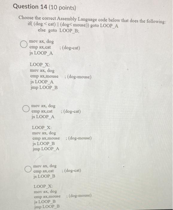 Solved Question 14 (10 points) Choose the correct Assembly | Chegg.com