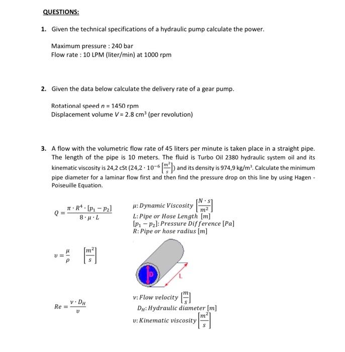 Solved 1. Given the technical specifications of a hydraulic | Chegg.com