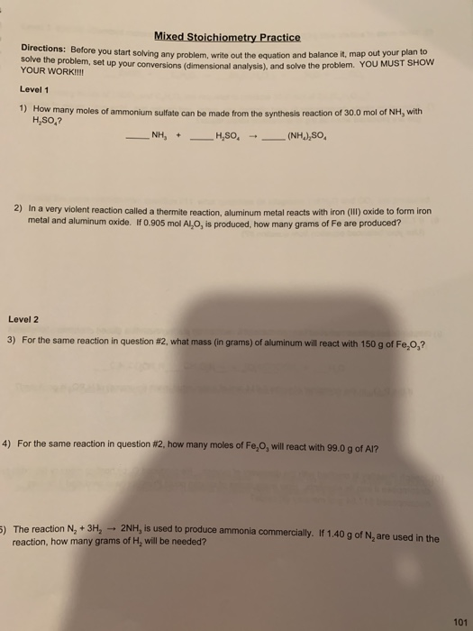 Solved Mixed Stoichiometry Practice Directions Before You Chegg