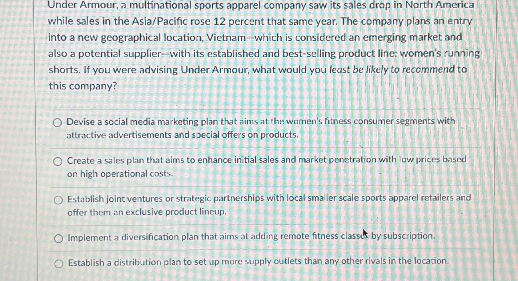 Solved Under Armour, a multinational sports apparel company