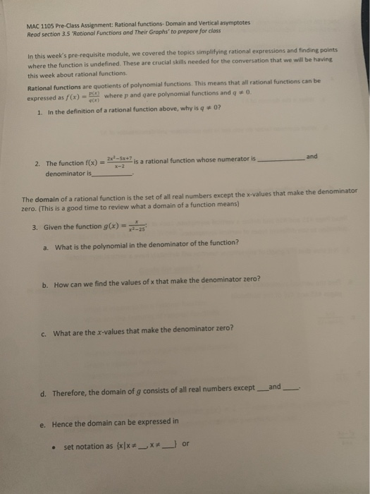 Solved Mac 1105 Pre Class Assignment Rational Functions Chegg Com