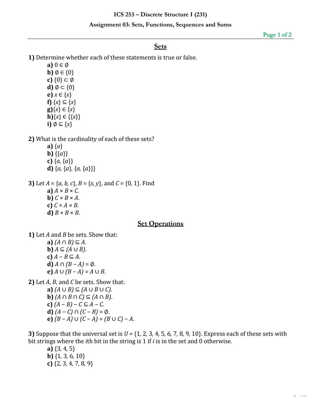 Solved Assignment 03: Sets, Functions, Sequences and Sums | Chegg.com