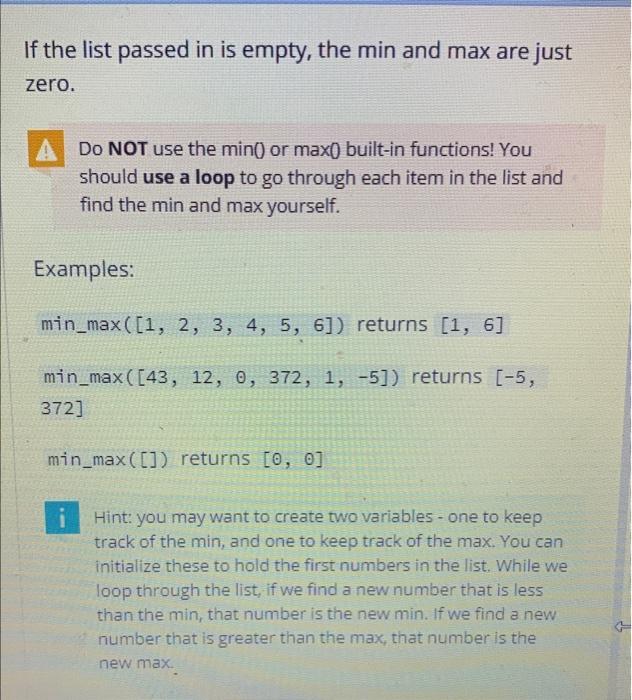 Solved Write a function named min_max that takes in a list | Chegg.com