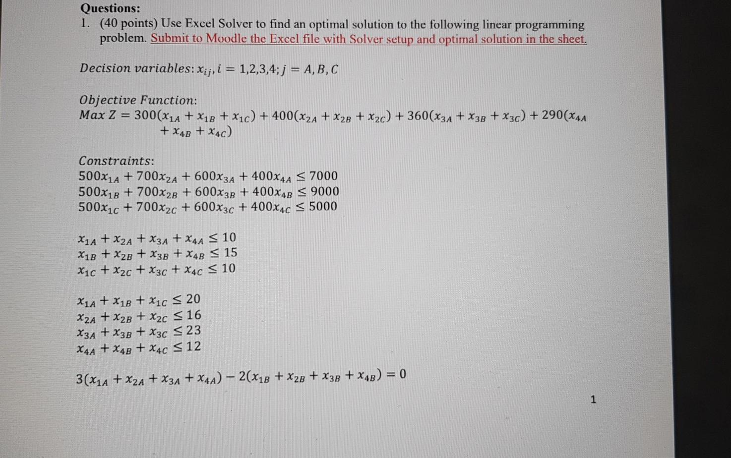Solved Questions: 1. (40 points) Use Excel Solver to find an | Chegg.com
