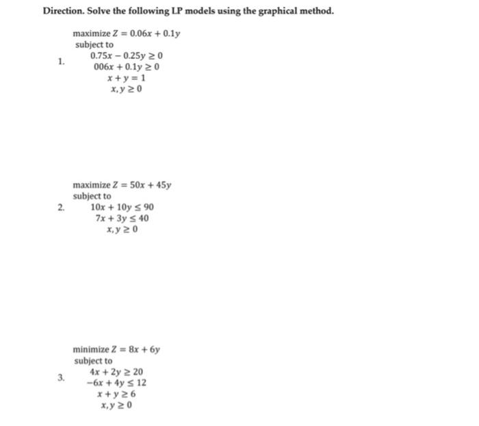 Solved Direction. Solve the following LP models using the | Chegg.com