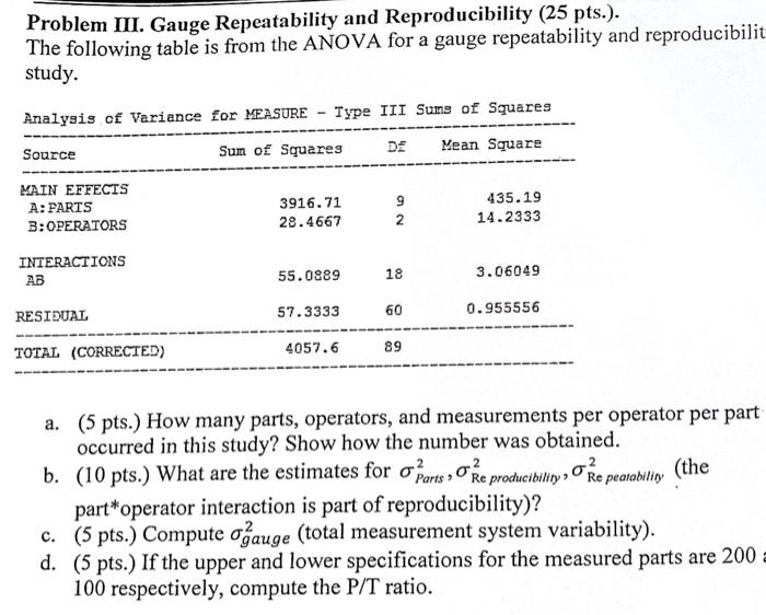 Solved Problem III. Gauge Repeatability And Reproducibility | Chegg.com