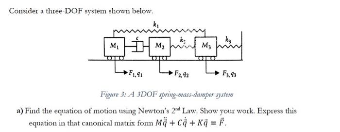 Consider a three-DOF system shown below.
Figure 3: A 3DOF spring-mass-damper system
a) Find the equation of motion using Newt