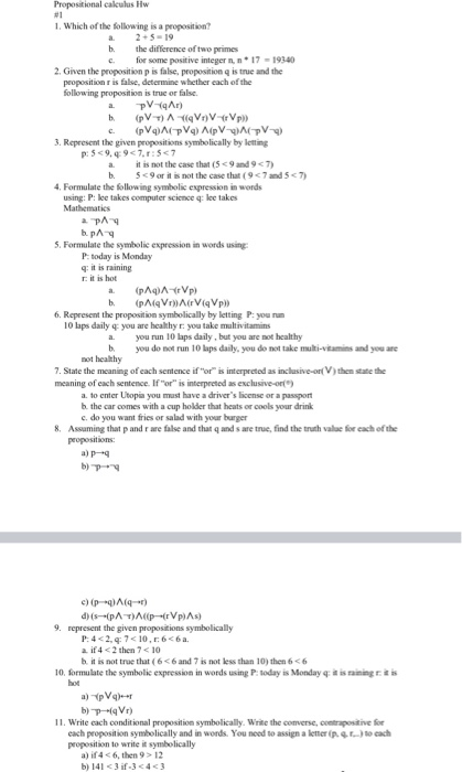 Propositional Calculus Problems Solved Propositional calculus Hw #1 1. Which of the | Chegg.com