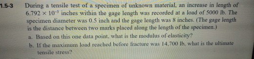 Solved 1.5-3 During a tensile test of a specimen of unknown | Chegg.com