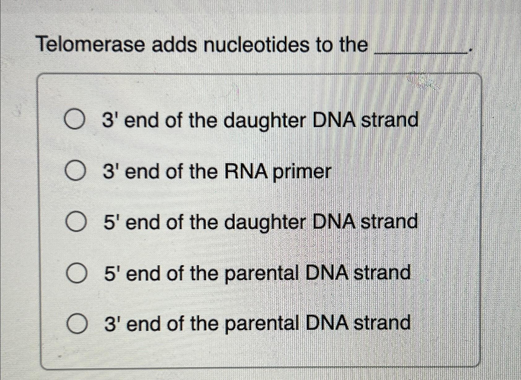 Solved Telomerase adds nucleotides to the3' ﻿end of the | Chegg.com
