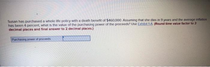 Solved Susan Has Purchased A Whole Life Policy With A Death Chegg