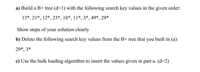 Solved a) Build a B+ tree (d=1) with the following search | Chegg.com