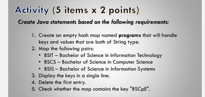 Solved Activity (5 items x 2 points) Create Java statements | Chegg.com