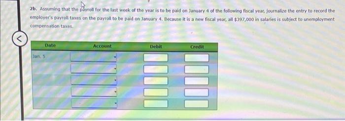 2b. Assuming that the payrol for the last week of the year is to be paid on january 4 of the following fiscal year, Journaliz