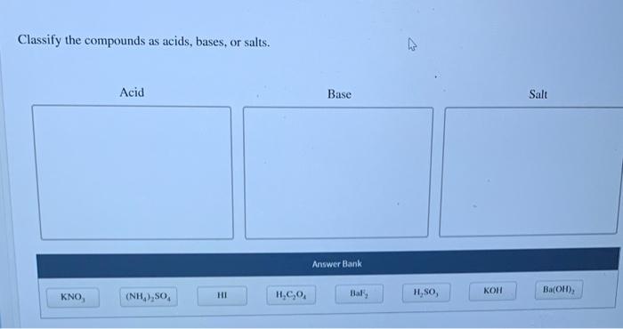 Solved Classify The Compounds As Acids Bases Or Salts 8009