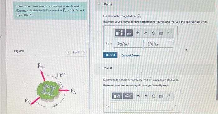 Three forces are applied to a tree sapling, as shown in
(Figure 1), to stabilize it. Suppose that F-325 N and
FB-495 N.
Figur