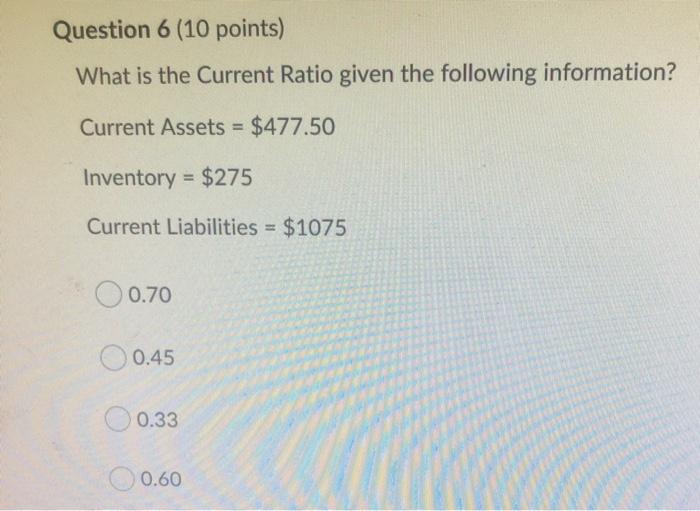 Solved Question 6 (10 points) What is the Current Ratio | Chegg.com