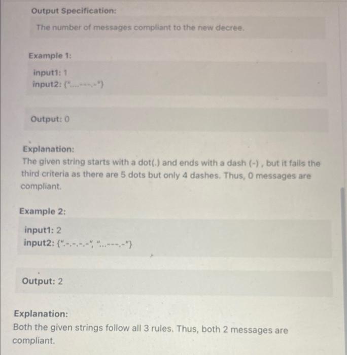 Output Specification:
The number of messages compliant to the new decree.
Example 1:
input1: 1
input2: \( \left\{x^{*} \ldots