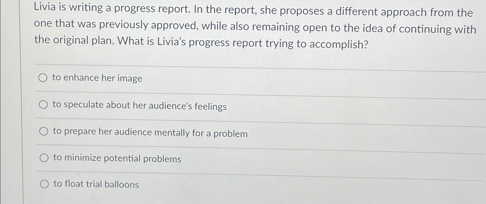 Solved Livia is writing a progress report. In the report, | Chegg.com