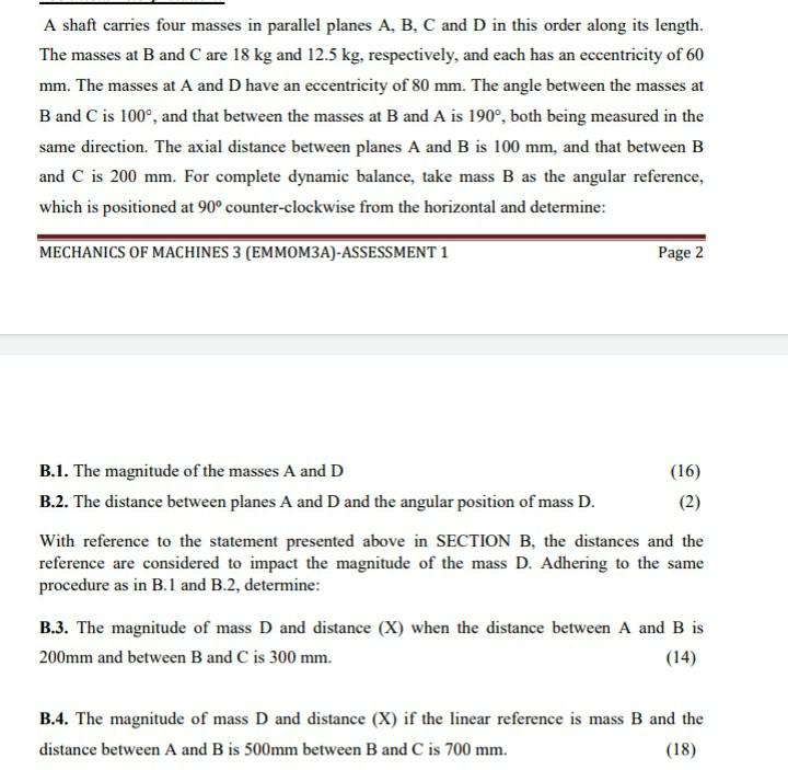 Solved A Shaft Carries Four Masses In Parallel Planes A, B, | Chegg.com