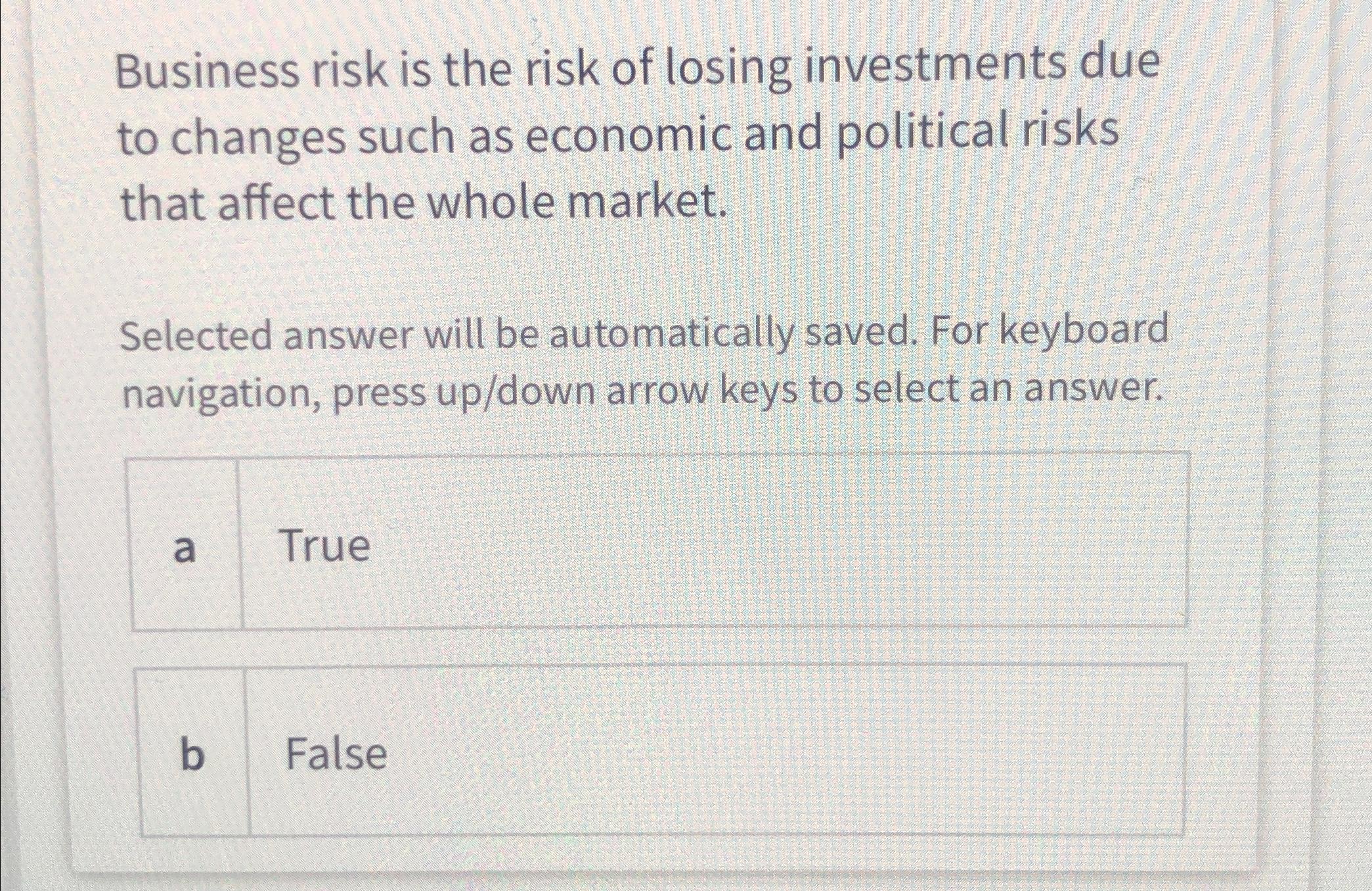 Solved Business Risk Is The Risk Of Losing Investments Due | Chegg.com