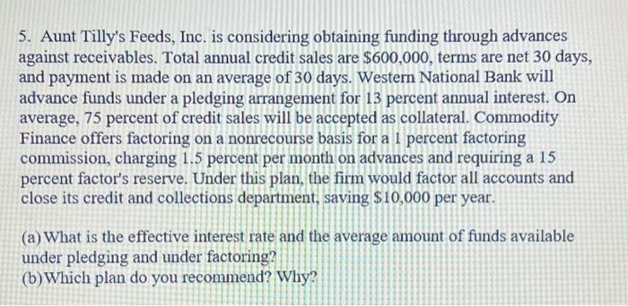 5. Aunt Tillys Feeds, Inc. is considering obtaining funding through advances against receivables. Total annual credit sales
