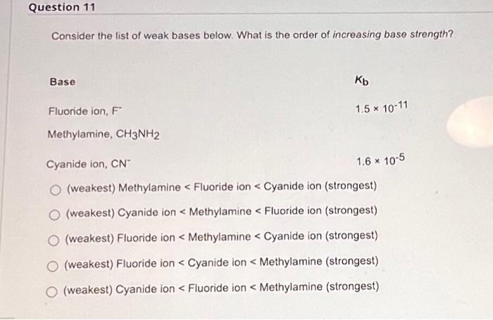 Solved Consider the list of weak bases below. What is the | Chegg.com