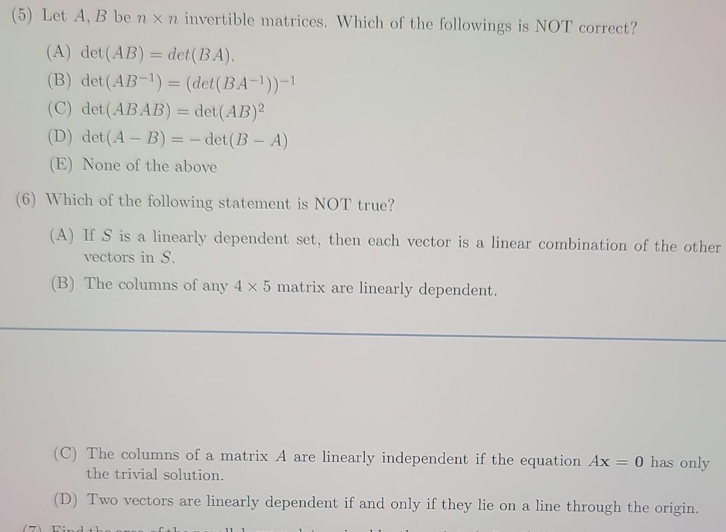 Solved (5) Let A,B Be N×n Invertible Matrices. Which Of The | Chegg.com