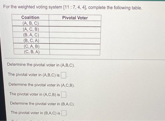 Solved For the weighted voting system [11:7, 4, 4], complete | Chegg.com