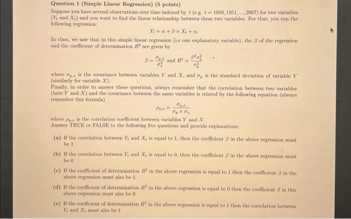 Solved Question 1 (Simple Linear Regression) (5 points) | Chegg.com