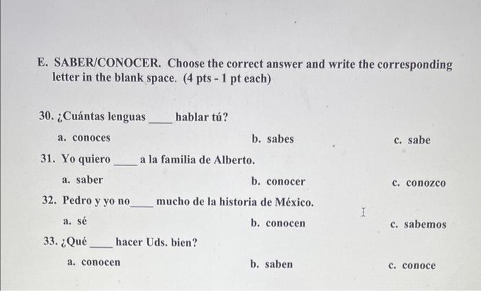 e-saber-conocer-choose-the-correct-answer-and-write-chegg