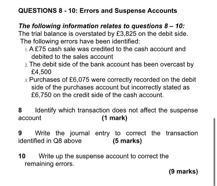 Solved QUESTIONS 8 10 Errors and Suspense Accounts The