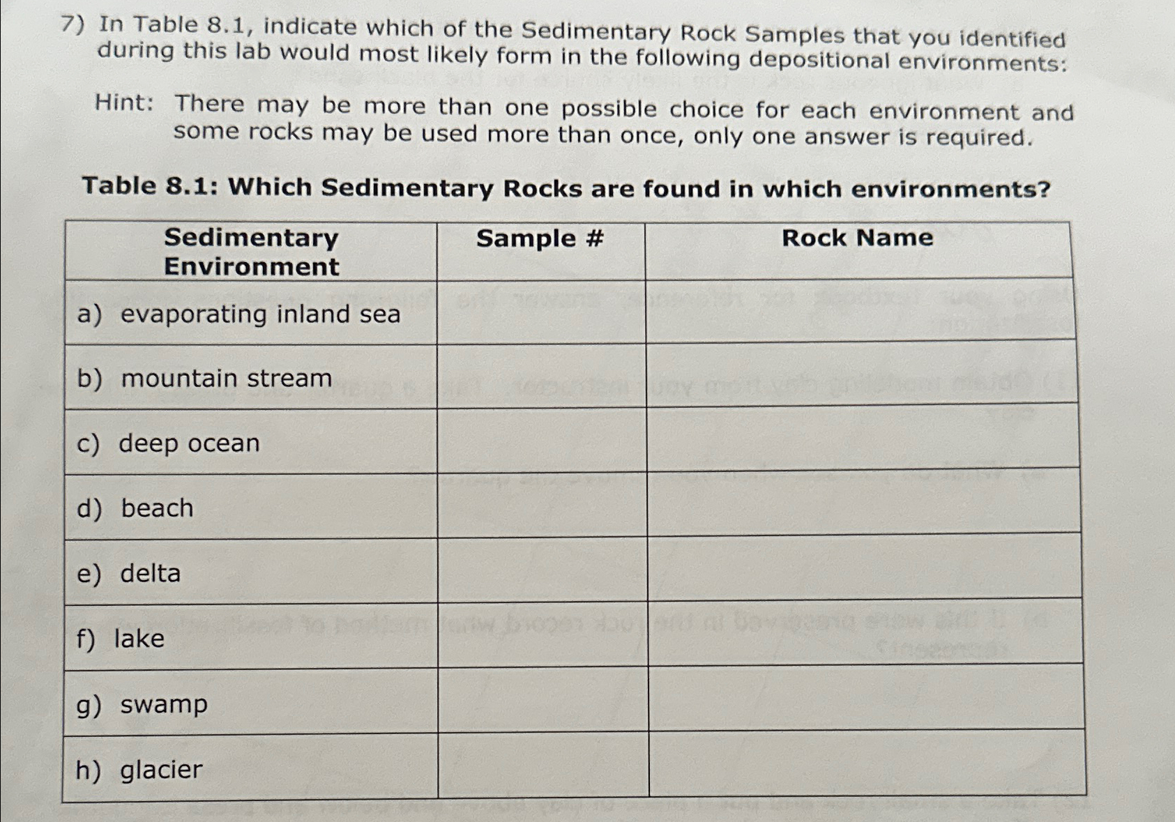 Solved In Table 8.1, ﻿indicate which of the Sedimentary Rock | Chegg.com