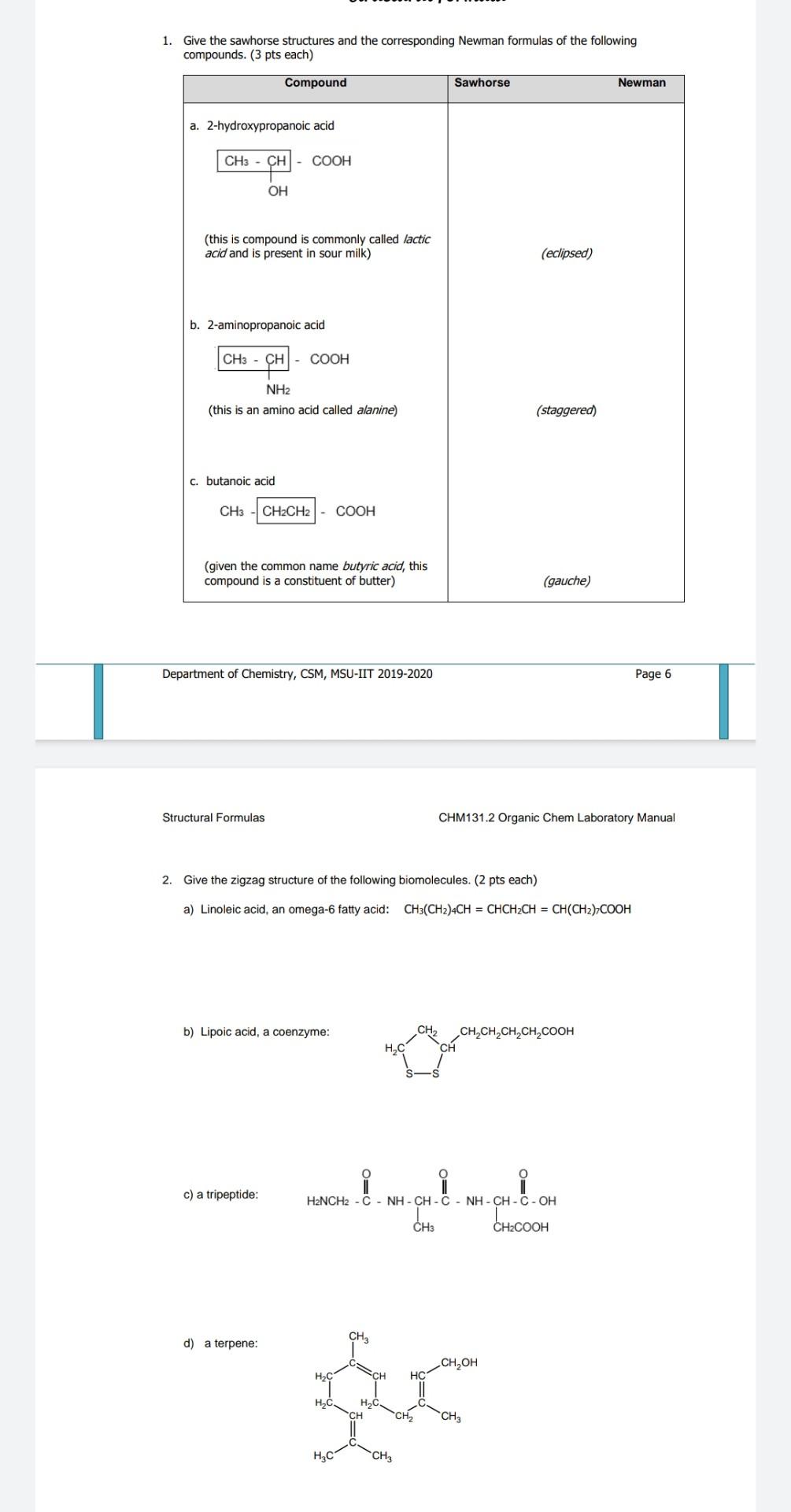 1 Give The Sawhorse Structures And The Corresponding Chegg Com