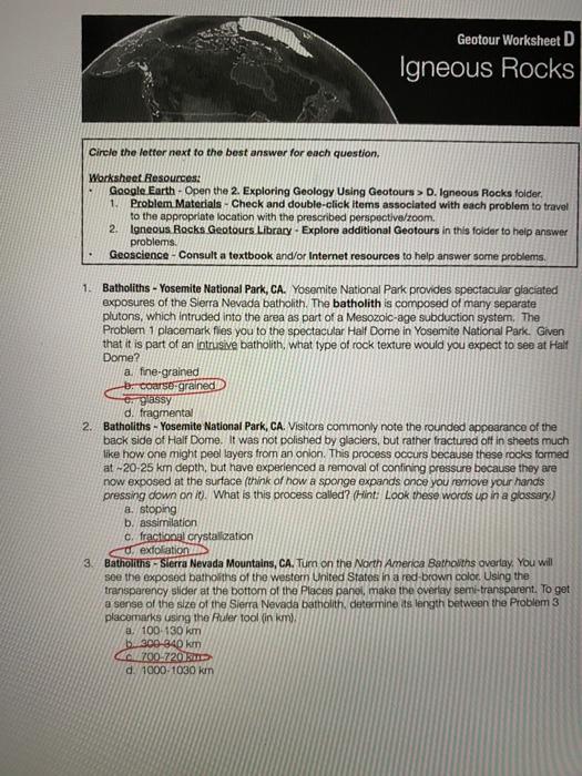 Solved Geotour Worksheet D Igneous Rocks Circle the letter Chegg com